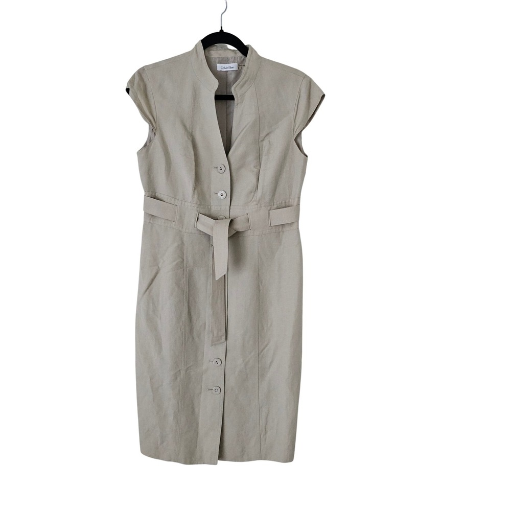 Calvin Klein Womens Beige Button Down Belted Sheath Dress 8 Linen Blend